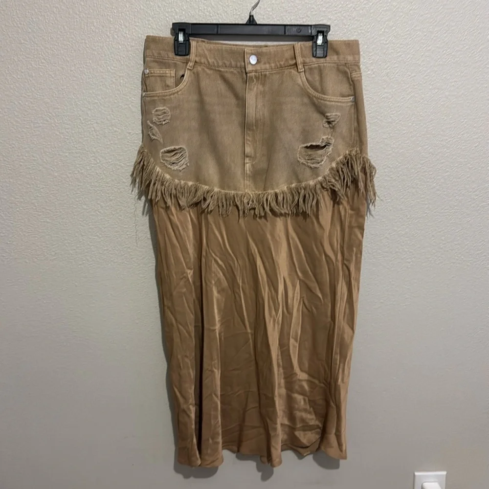Pilcro Twofer Slip Midi Tan A-Line Skirt with Fringe Rodeo Cowgirl